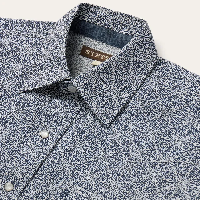 Stetson Classic Cut Men Navy Print Short Sleeve Western Shirt Blue
