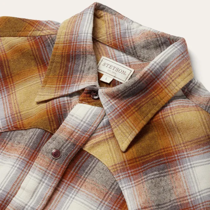 Stetson Classic Cut Men Rust Plaid Flannel Western Shirt Brown