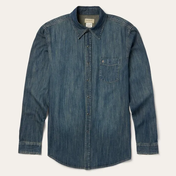 Stetson Denim Shirts Men Dirty Denim Western Shirt Blue