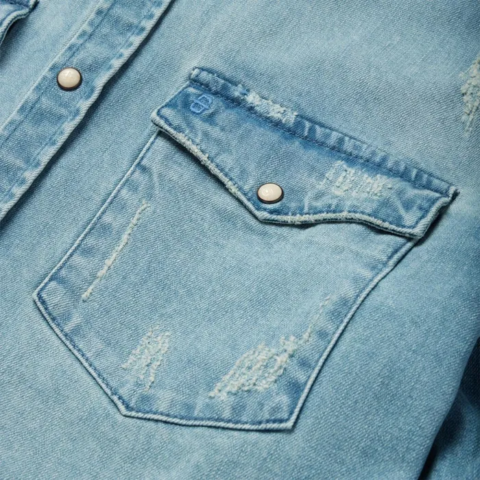 Stetson Denim Shirts Men Distressed Denim Western Shirt Blue