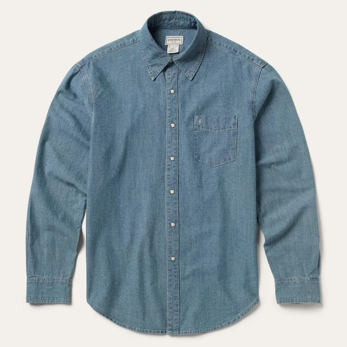 Stetson Denim Shirts Men One Pocket Chambray Denim Shirt Blue