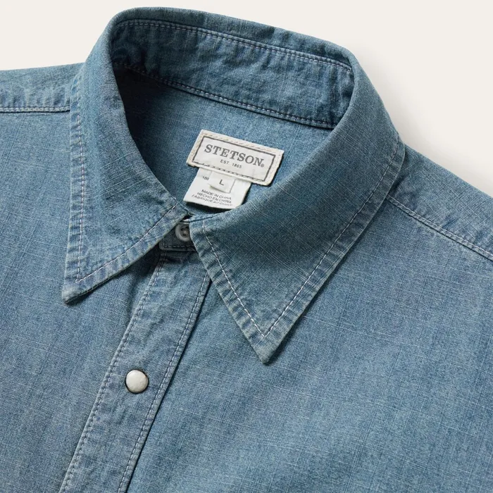 Stetson Denim Shirts Men One Pocket Chambray Denim Shirt Blue