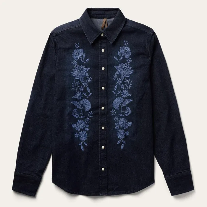 Stetson Denim Shirts Women Embroidered Dark Denim Snap Front Shirt Blue
