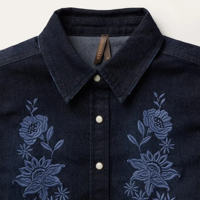 Stetson Denim Shirts Women Embroidered Dark Denim Snap Front Shirt Blue