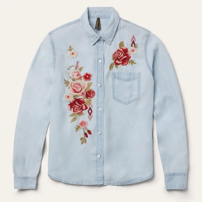 Stetson Denim Shirts Women LongSleeved Embroidered Shirt Blue