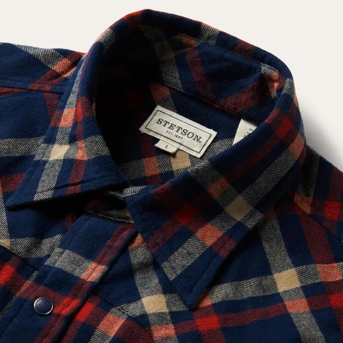 Stetson Flannel Shirts Men Brushed Twill Plaid Shirt Blue