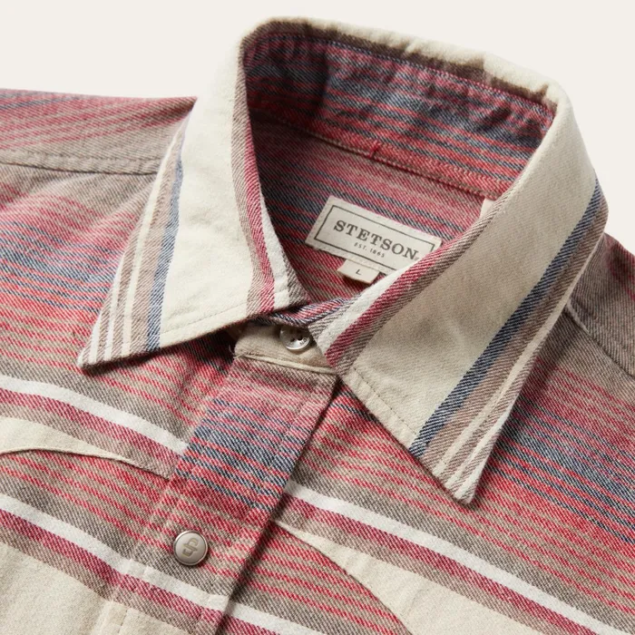 Stetson Flannel Shirts Men Brushed Twill Striped Shirt Red