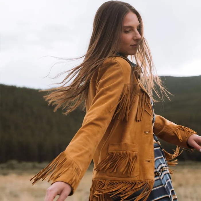 Stetson Jackets Women Lamb Suede Fringed Jacket Brown