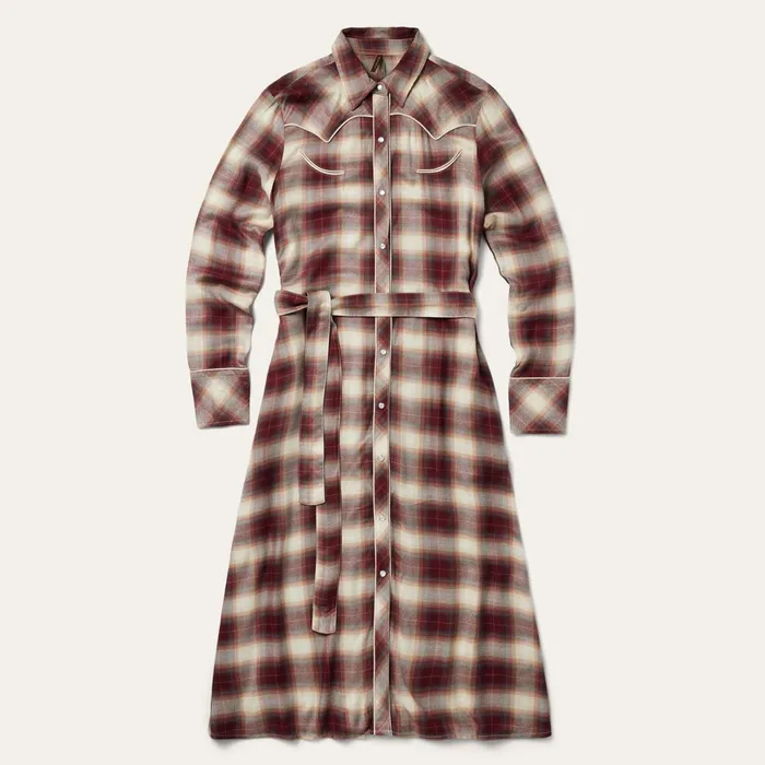 Stetson Midi Women Black Cherry Plaid Shirt Dress Red