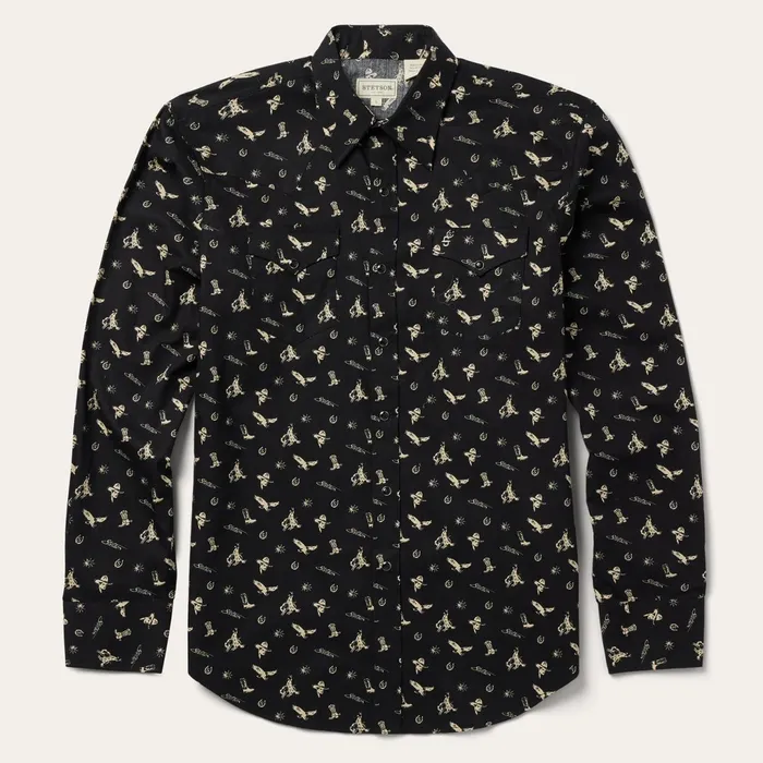 Stetson Modern Cut Men Conversation Print Western Shirt Black
