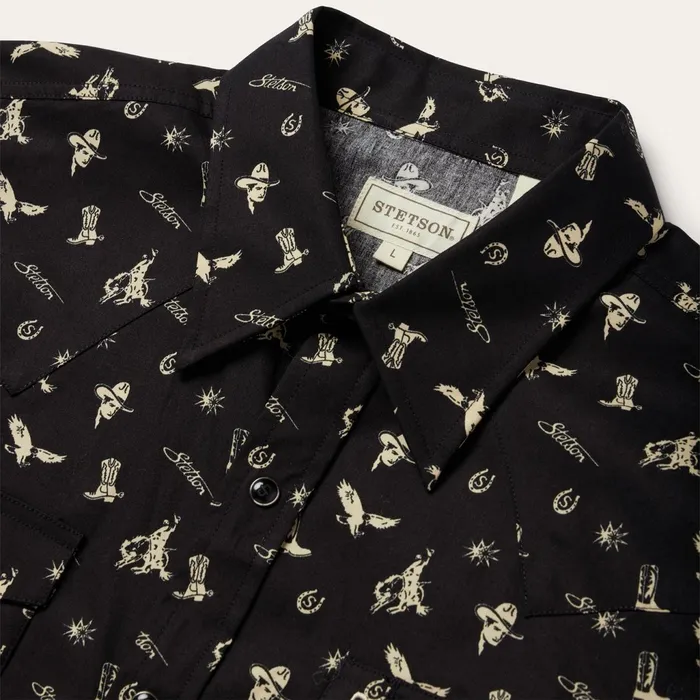 Stetson Modern Cut Men Conversation Print Western Shirt Black
