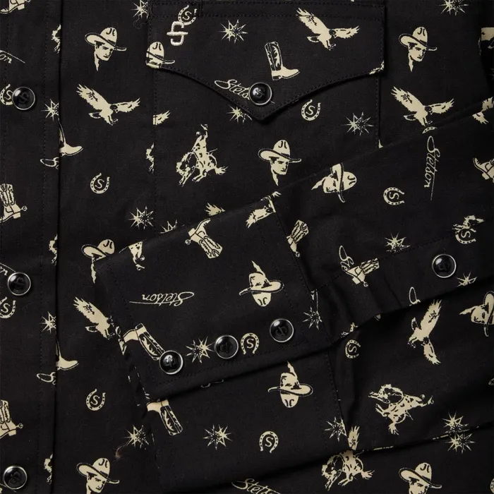 Stetson Modern Cut Men Conversation Print Western Shirt Black
