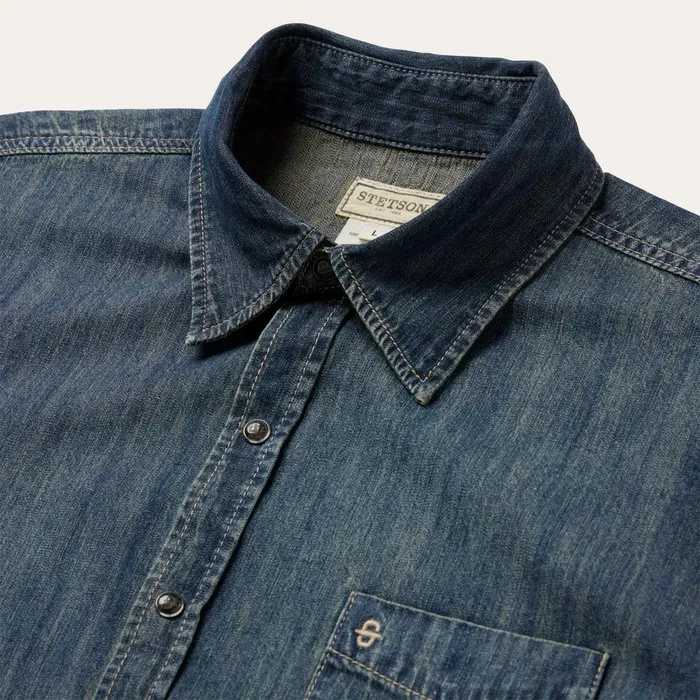 Stetson Modern Cut Men Dirty Denim Western Shirt Blue