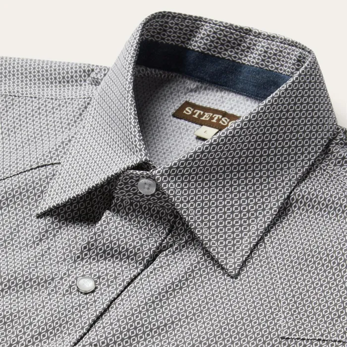 Stetson Modern Cut Men Grey Geo Print Western Shirt Grey