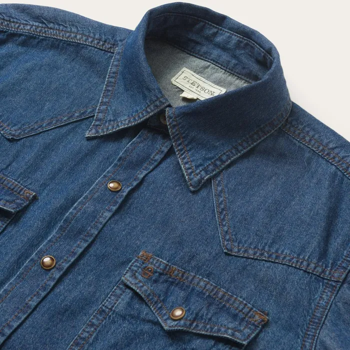 Stetson Modern Cut Men Modern Denim Western Shirt Blue
