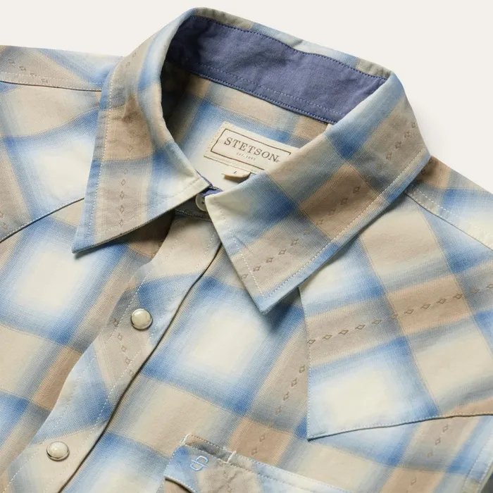 Stetson Modern Cut Men Sand Plaid Dobby Western Shirt Brown