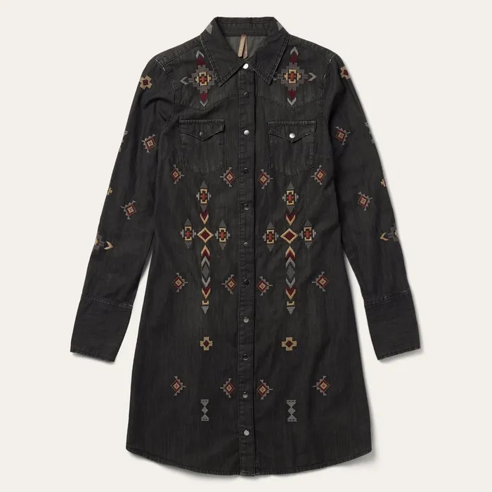 Stetson Shirt Dresses Women Embroidered Black Denim Shirt Dress Black