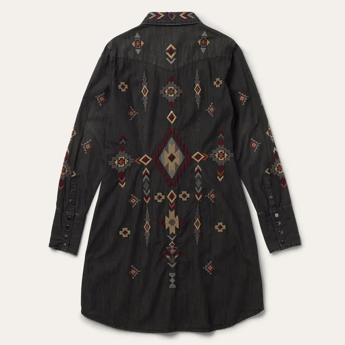 Stetson Shirt Dresses Women Embroidered Black Denim Shirt Dress Black