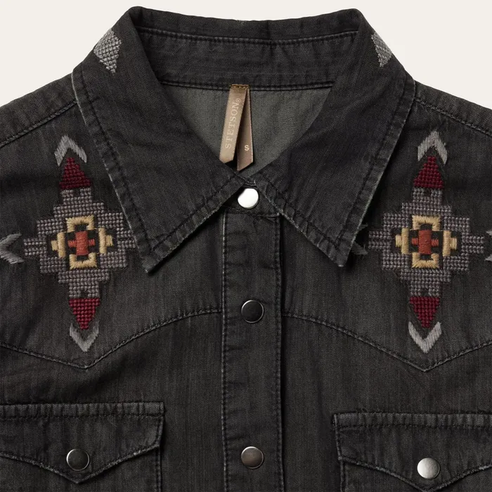 Stetson Shirt Dresses Women Embroidered Black Denim Shirt Dress Black
