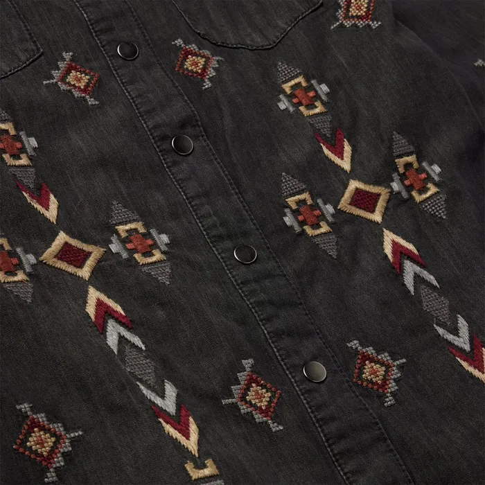 Stetson Shirt Dresses Women Embroidered Black Denim Shirt Dress Black