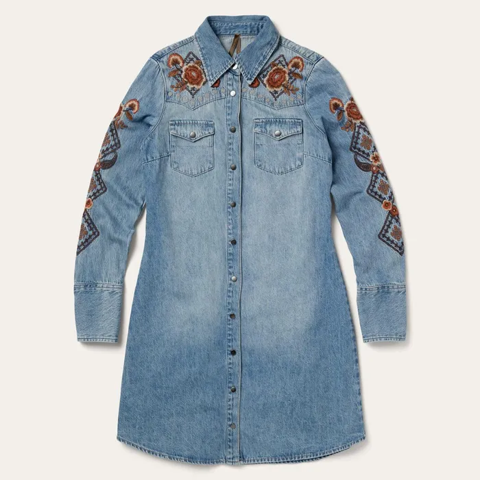 Stetson Shirt Dresses Women Floral Embroidered Denim Shirt Dress Blue