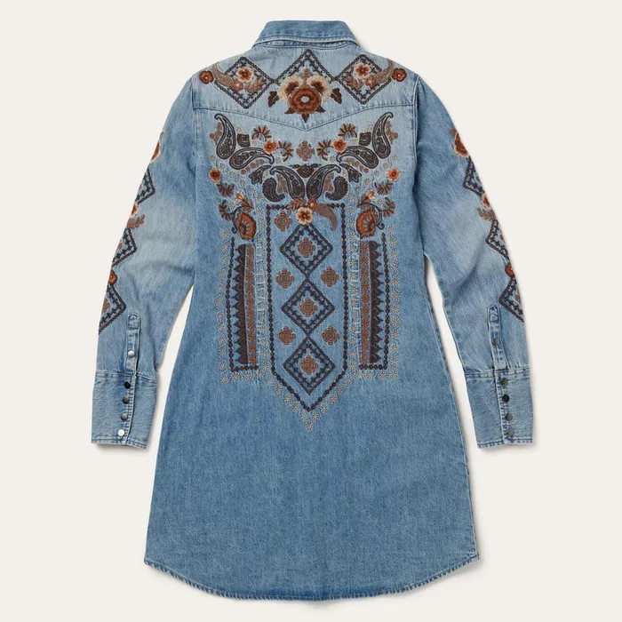 Stetson Shirt Dresses Women Floral Embroidered Denim Shirt Dress Blue