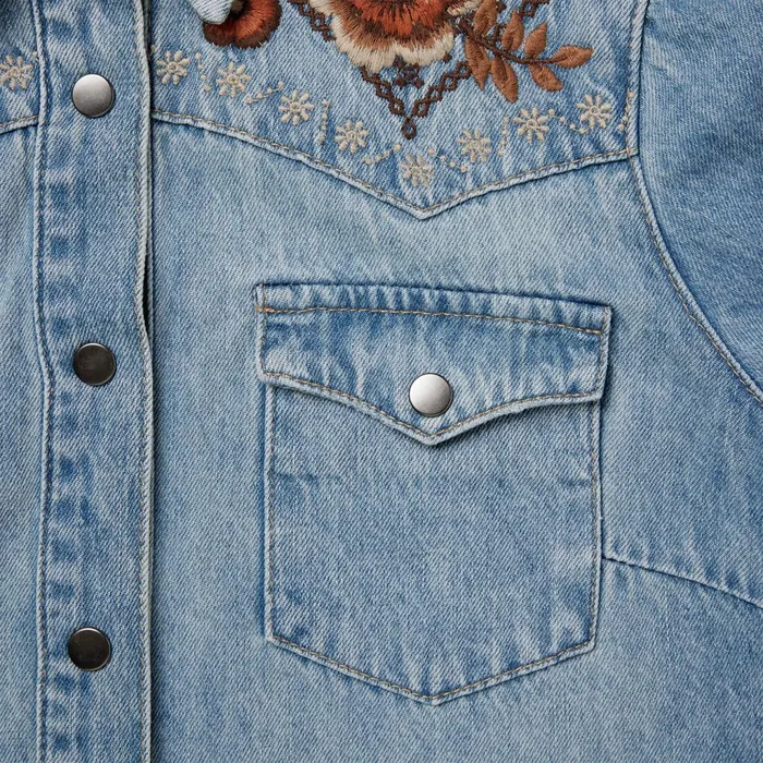 Stetson Shirt Dresses Women Floral Embroidered Denim Shirt Dress Blue