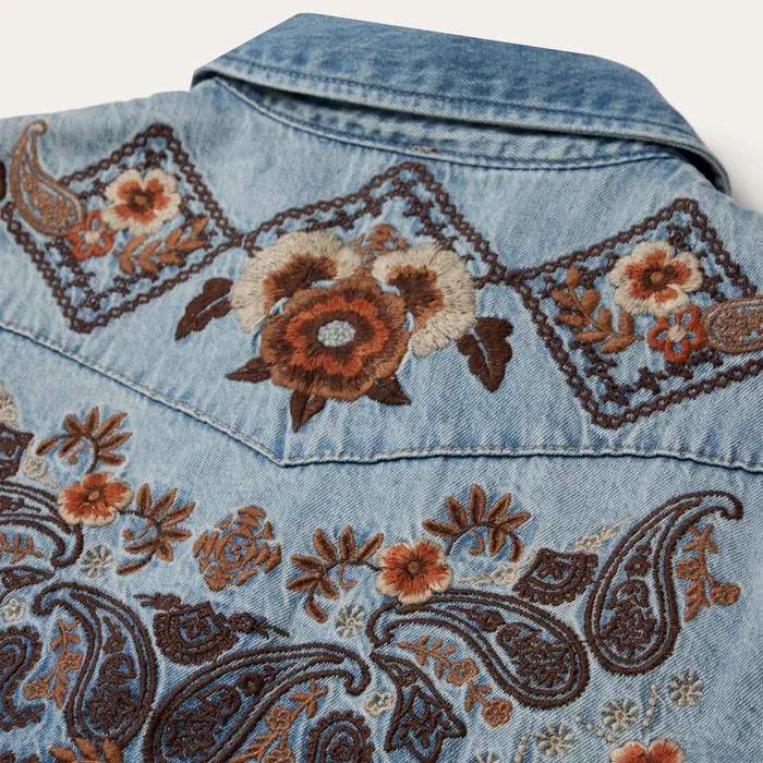 Stetson Shirt Dresses Women Floral Embroidered Denim Shirt Dress Blue