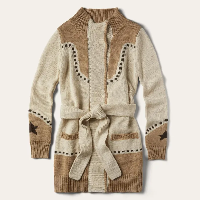 Stetson Sweaters Women Horseshoe and Star Belted Cardigan White