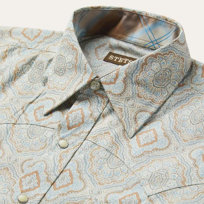 Stetson Western Shirts Men Aqua Paisley Print Western Shirt Green
