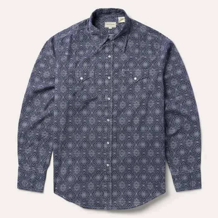 Stetson Western Shirts Men Blue Medallion Print Western Shirt Blue