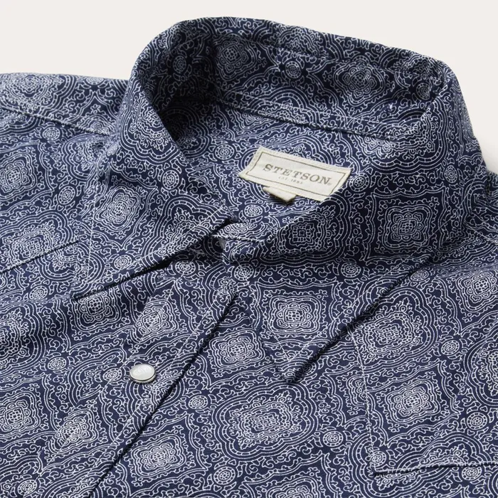Stetson Western Shirts Men Blue Medallion Print Western Shirt Blue