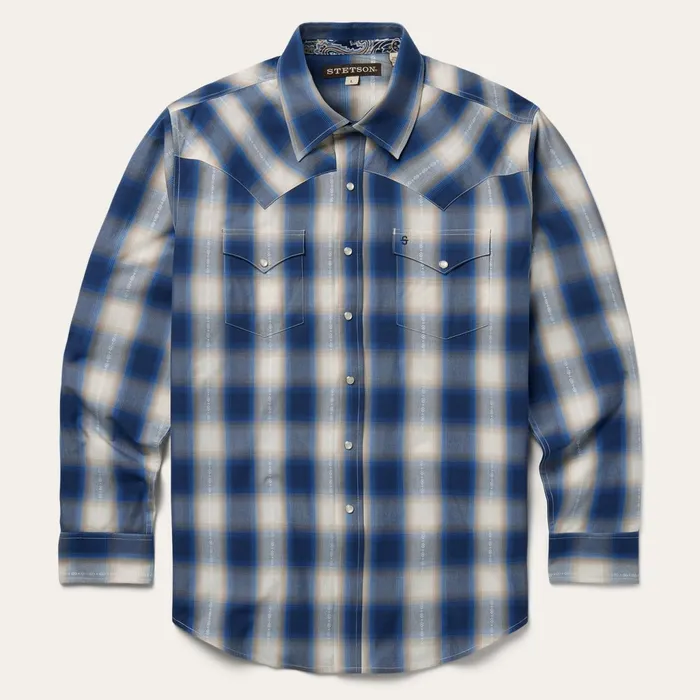 Stetson Western Shirts Men Blue Ombre Plaid Western Shirt Blue