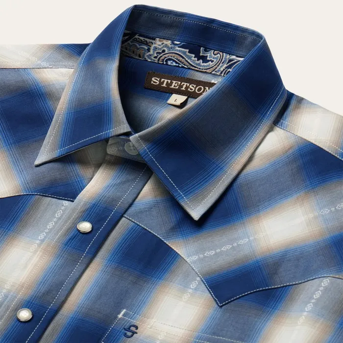 Stetson Western Shirts Men Blue Ombre Plaid Western Shirt Blue