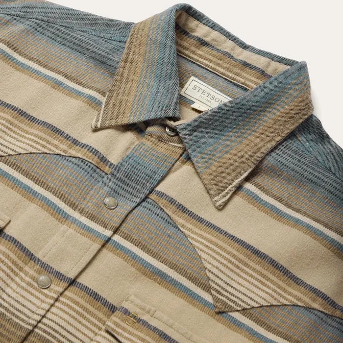 Stetson Western Shirts Men Blue Stripe Flannel Western Shirt Blue