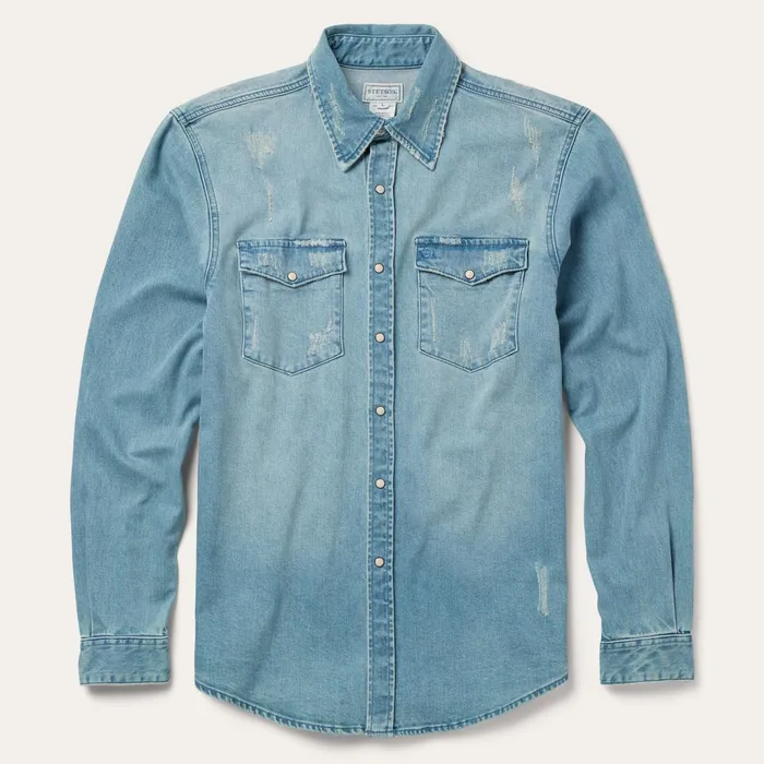 Stetson Western Shirts Men Distressed Denim Western Shirt Blue
