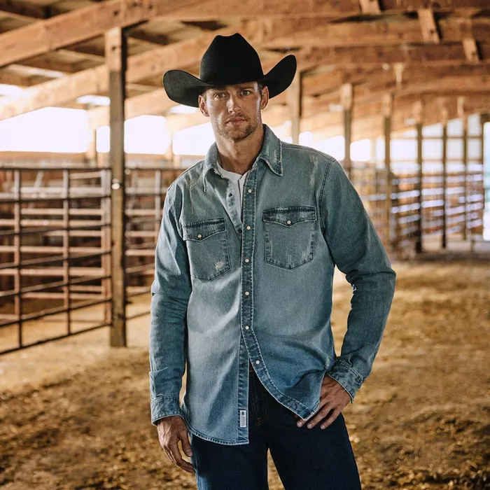 Stetson Western Shirts Men Distressed Denim Western Shirt Blue
