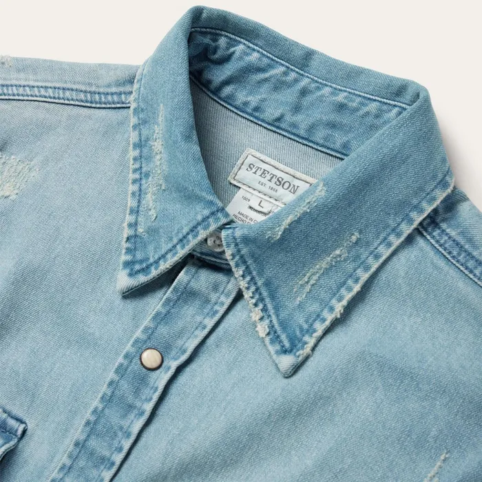 Stetson Western Shirts Men Distressed Denim Western Shirt Blue