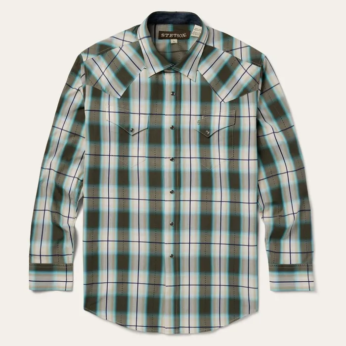 Stetson Western Shirts Men Olive Ombre Plaid Western Shirt Green