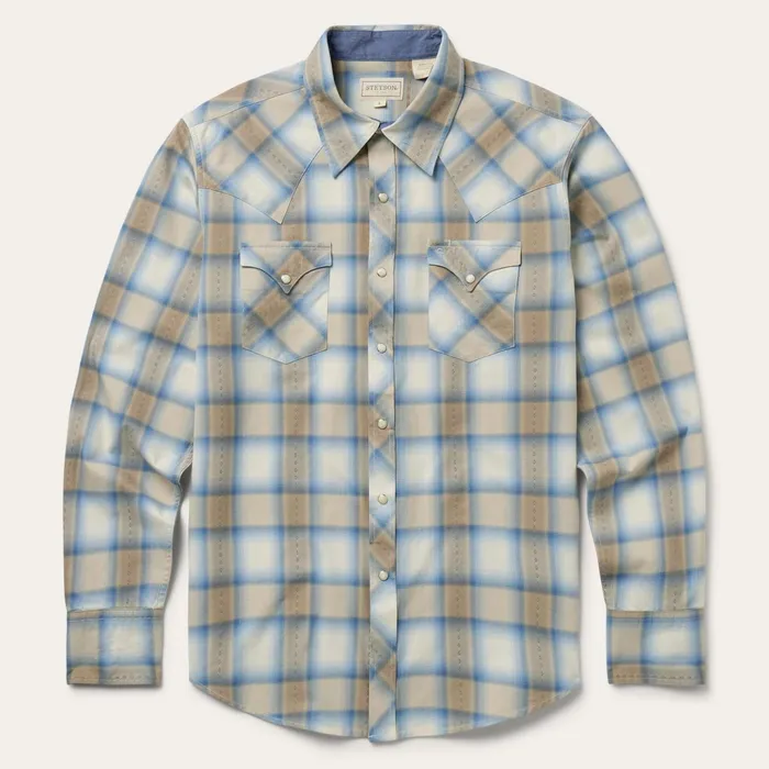 Stetson Western Shirts Men Sand Plaid Dobby Western Shirt Brown