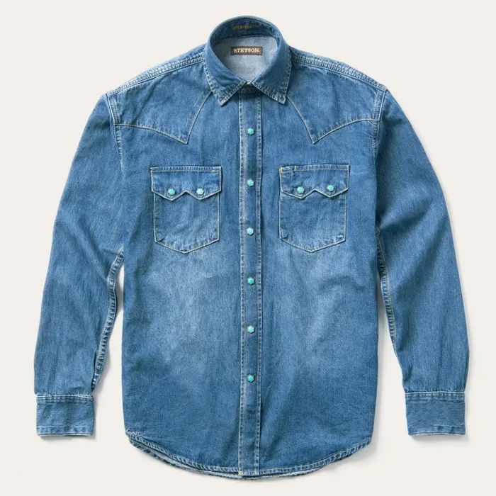Stetson Western Shirts Men Turquoise Snap Western Denim Shirt Blue