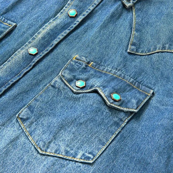 Stetson Western Shirts Men Turquoise Snap Western Denim Shirt Blue