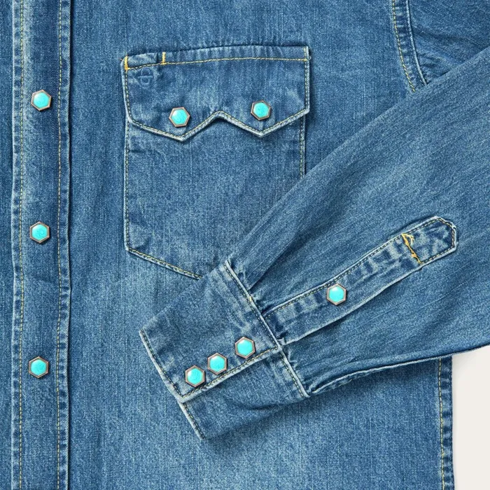 Stetson Western Shirts Men Turquoise Snap Western Denim Shirt Blue