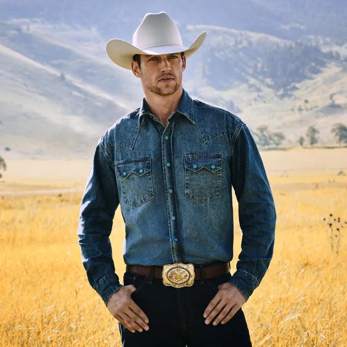 Stetson Western Shirts Men Turquoise Snap Western Denim Shirt Blue