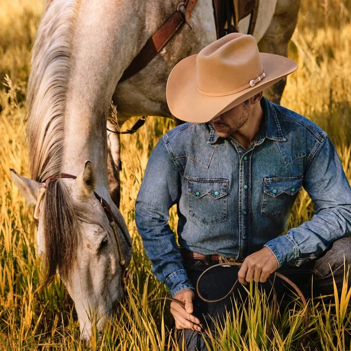 Stetson Western Shirts Men Turquoise Snap Western Denim Shirt Blue