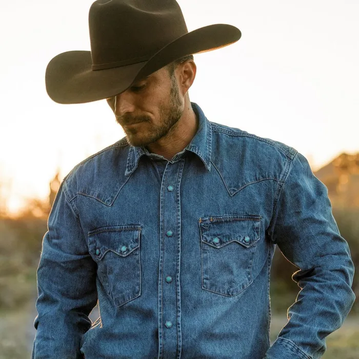 Stetson Western Shirts Men Turquoise Snap Western Denim Shirt Blue