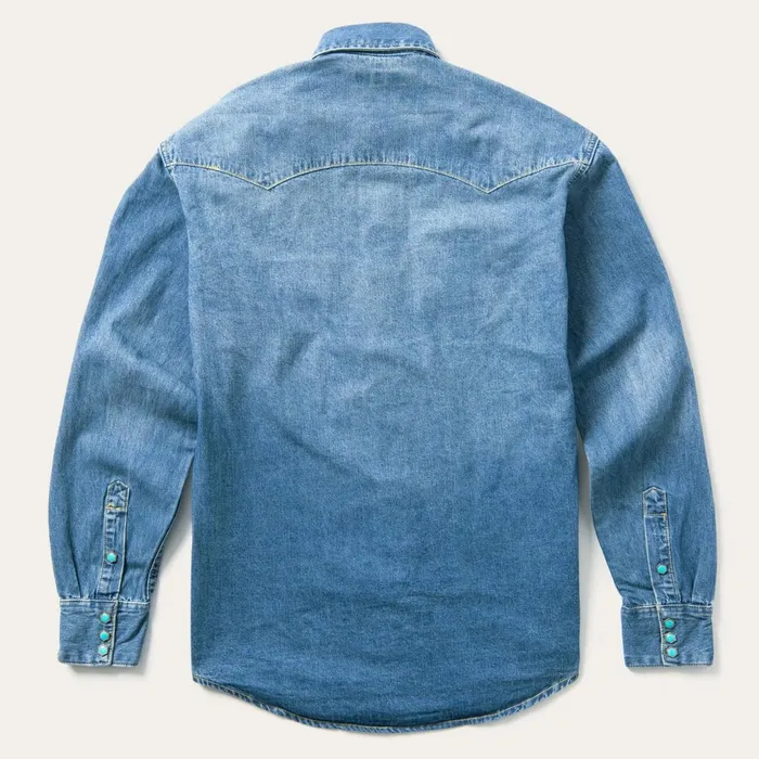 Stetson Western Shirts Men Turquoise Snap Western Denim Shirt Blue