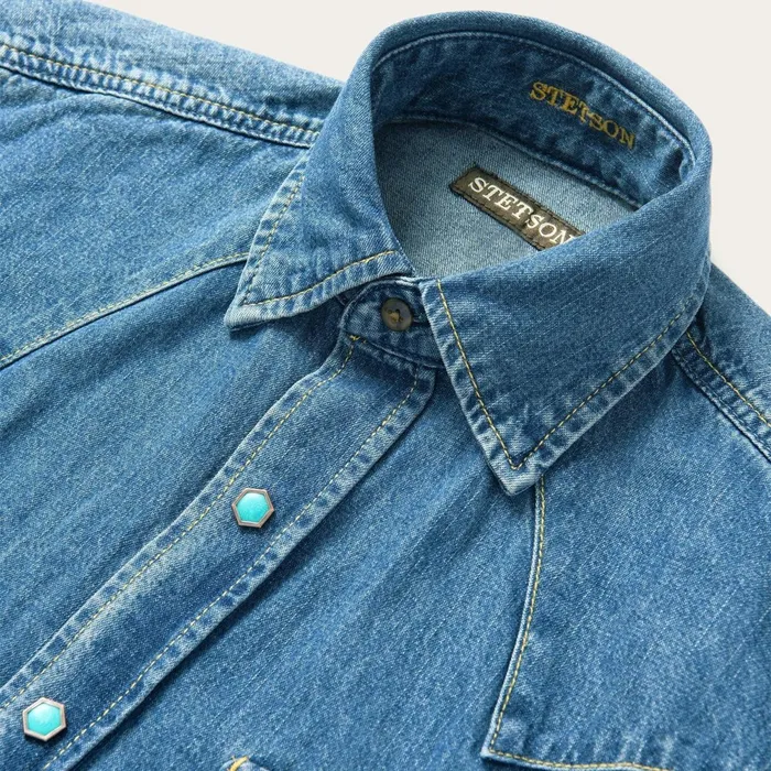 Stetson Western Shirts Men Turquoise Snap Western Denim Shirt Blue