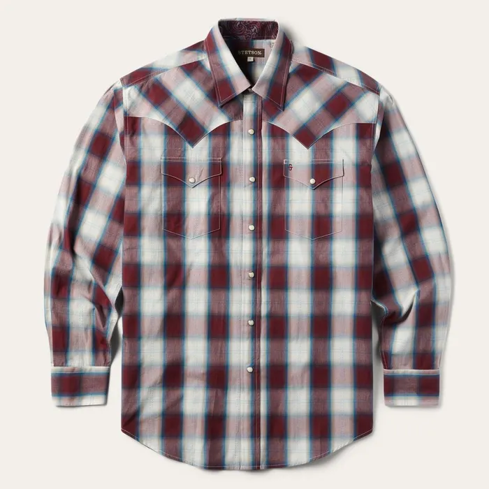Stetson Western Shirts Men Wine Plaid Shirt Wine