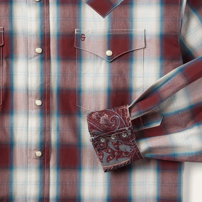 Stetson Western Shirts Men Wine Plaid Shirt Wine